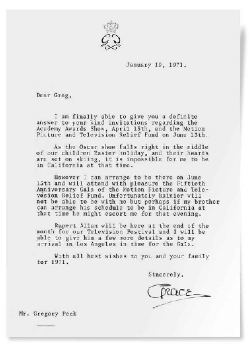 Typewritten letter dated January 19, 1971, addressed to Gregory Peck discussing attendance at the Academy Awards, National Institute of Arts event, and Television Festival in Los Angeles in June.