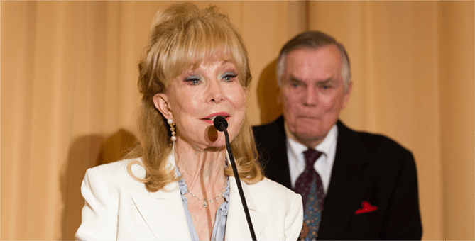 Barbara Eden and Peter Marshall at a Motion Picture Mothers luncheon