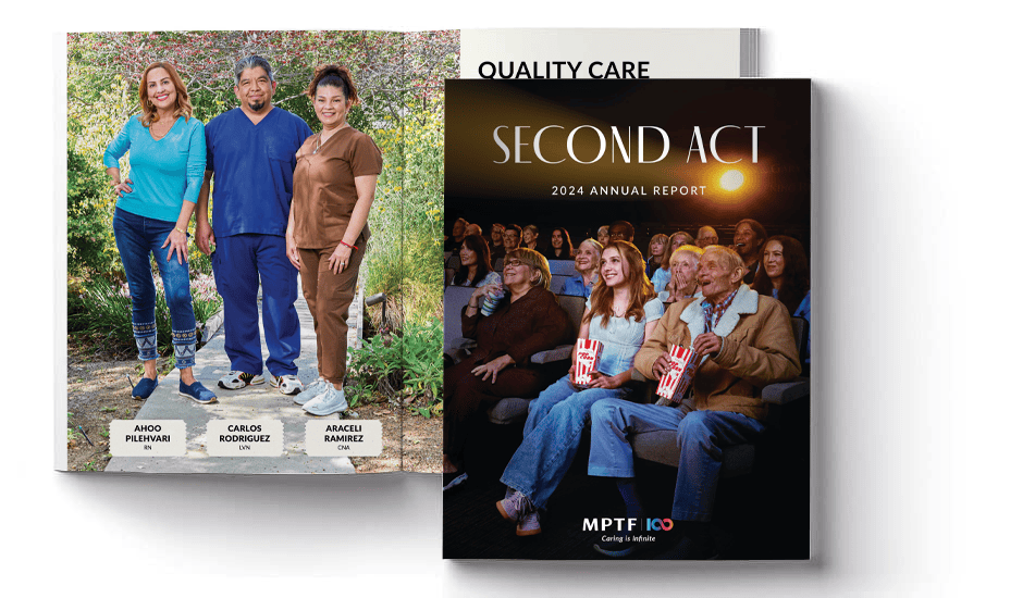 MPTF_AnnualReports_01 Cover image of a 2023 annual report featuring a group photo of people smiling and posing. An adjacent page showcases two individuals sitting against a blue background.